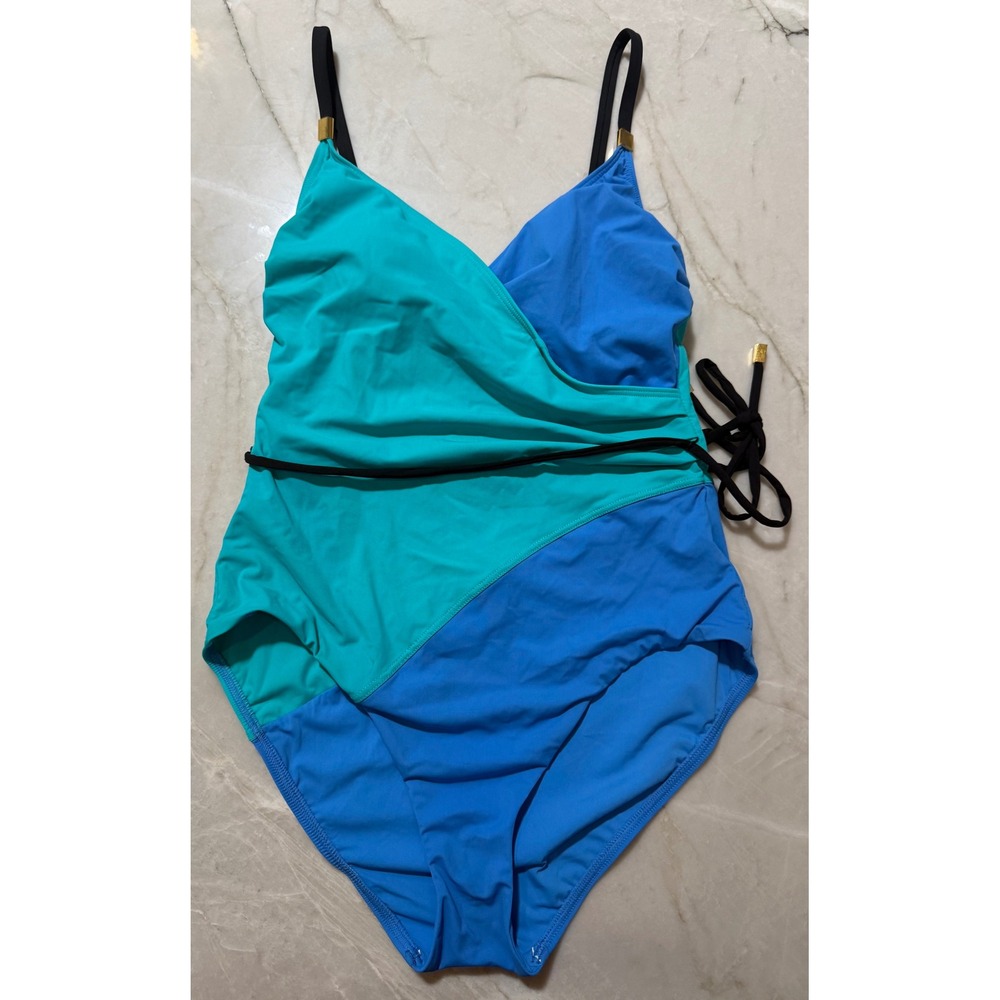 VTG Givenchy Colorblock Wrap One‎ Piece Swimsuit Turquoise Blue Tie Waist Sz M